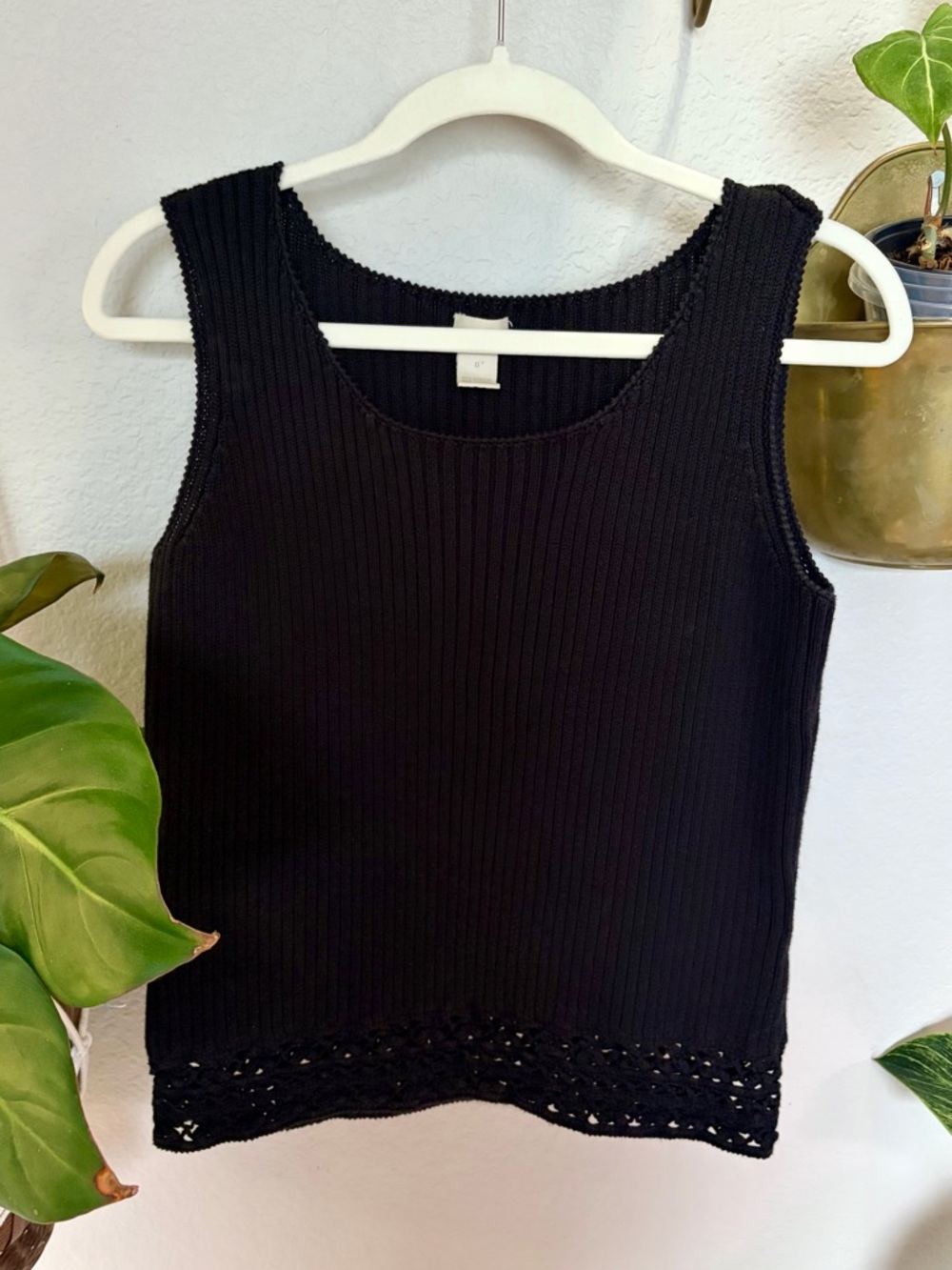 J Jill Black Ribbed Tank with Crochet Hem